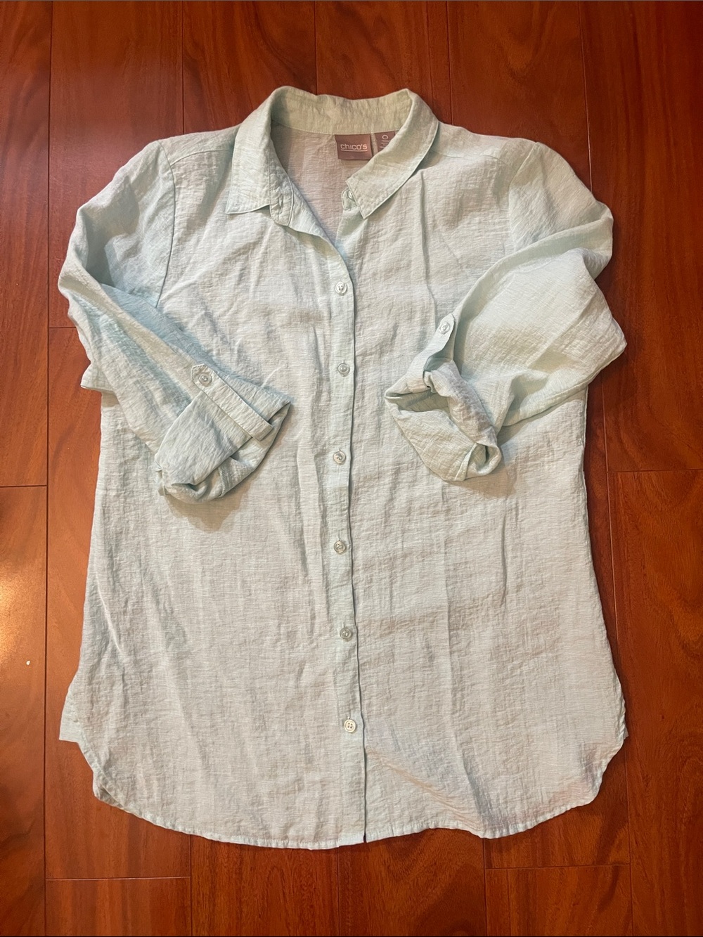 Chico's Pale Mint Button-Front Linen-Blend Shirt